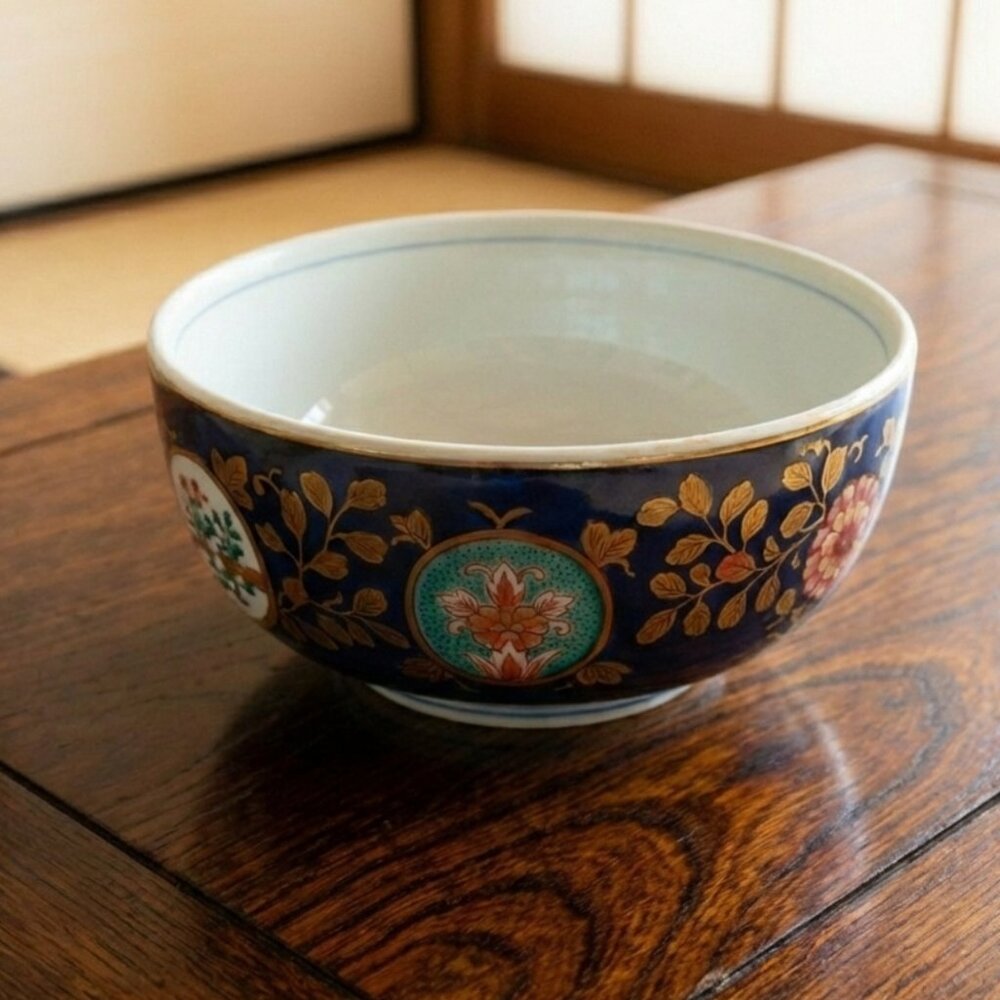 Arita Imari Ware Bowl Cobalt Blue Gold Peony Floral Porcelain Japan Signed